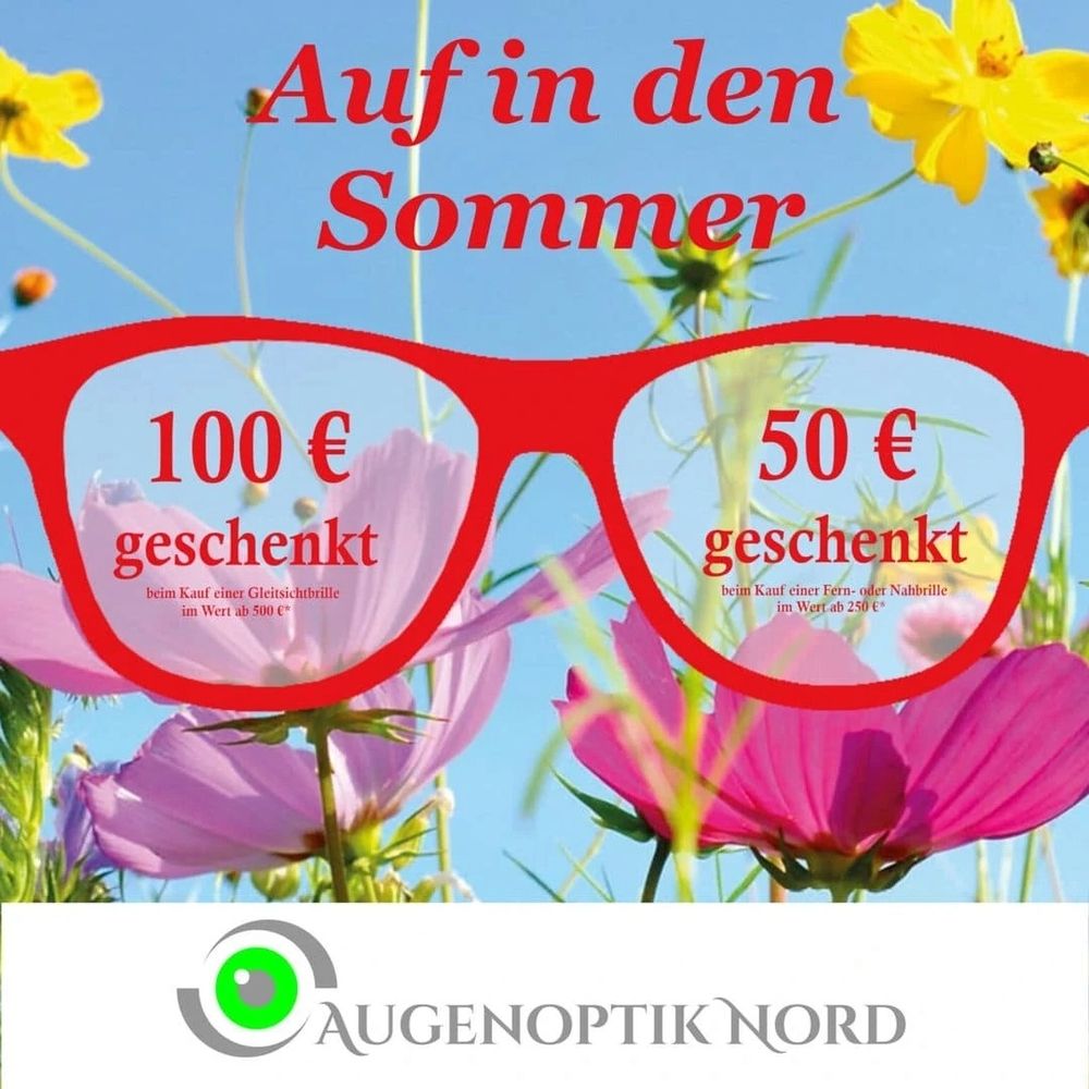 Sommerangebot von Augenoptik Nord mit Rabatten auf Gleitsicht- und Fernbrillen.