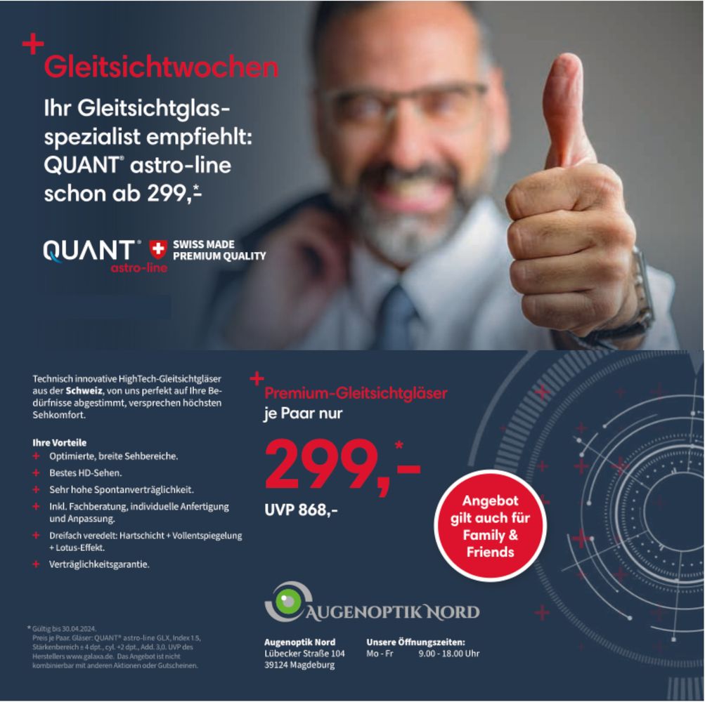 Werbung für Gleitsichtgläser mit Preisangebot und Empfehlungen.