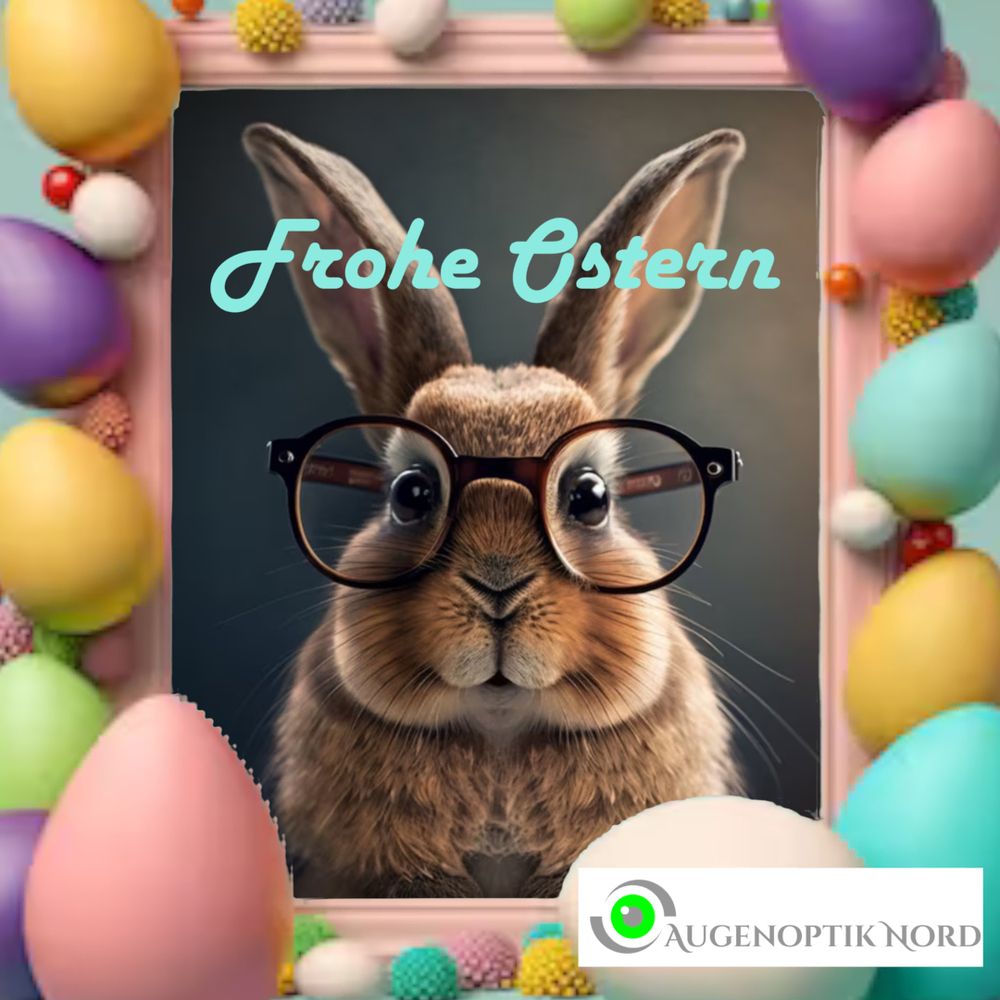 Ein Hase mit Brille wünscht frohe Ostern in einem bunten Rahmen.